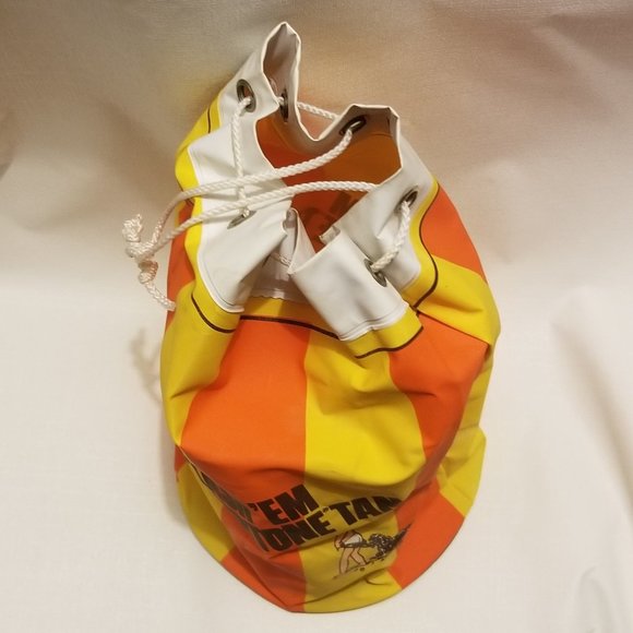 vtg orange & yellow striped vinyl bag w girl & dog - Picture 6 of 14